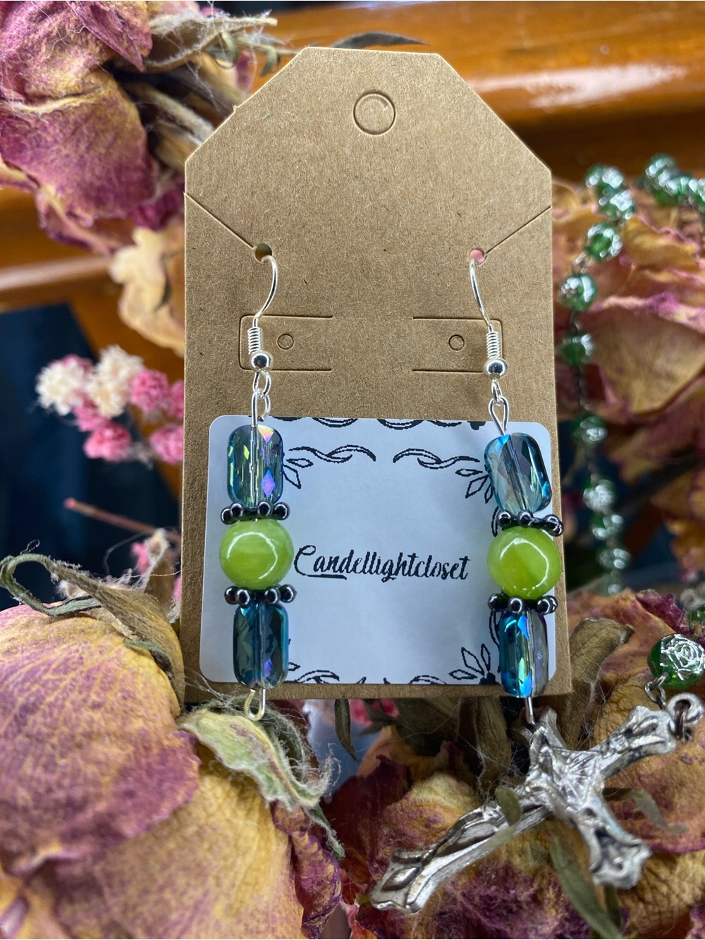 Green and Blue Glass Bead Dangle Earrings